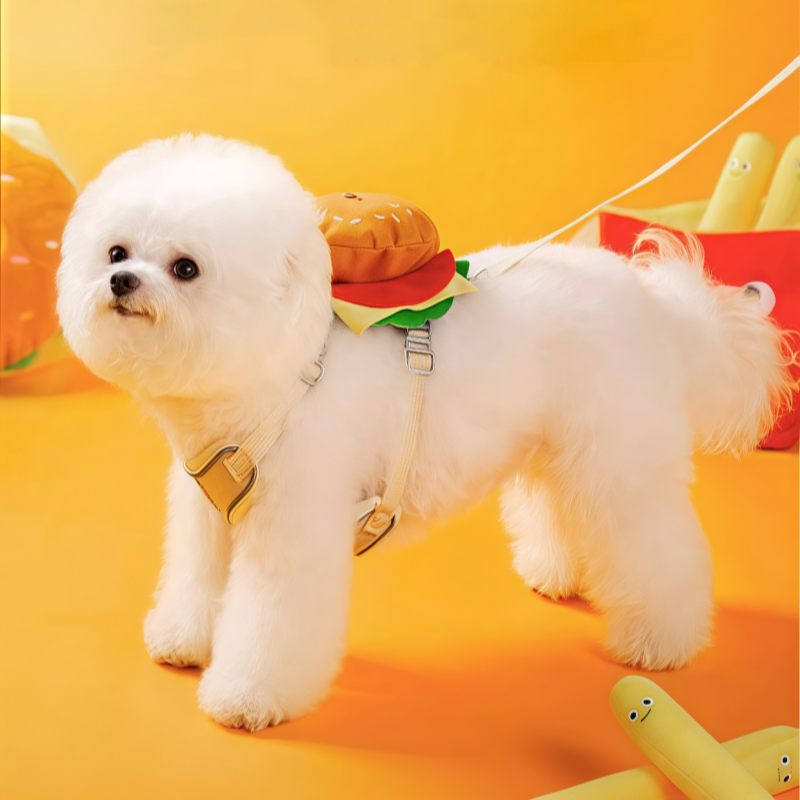 Ensemble Harnais+Laisse Hamburger pour Chien - Design Gourmand Amusant & Réglable